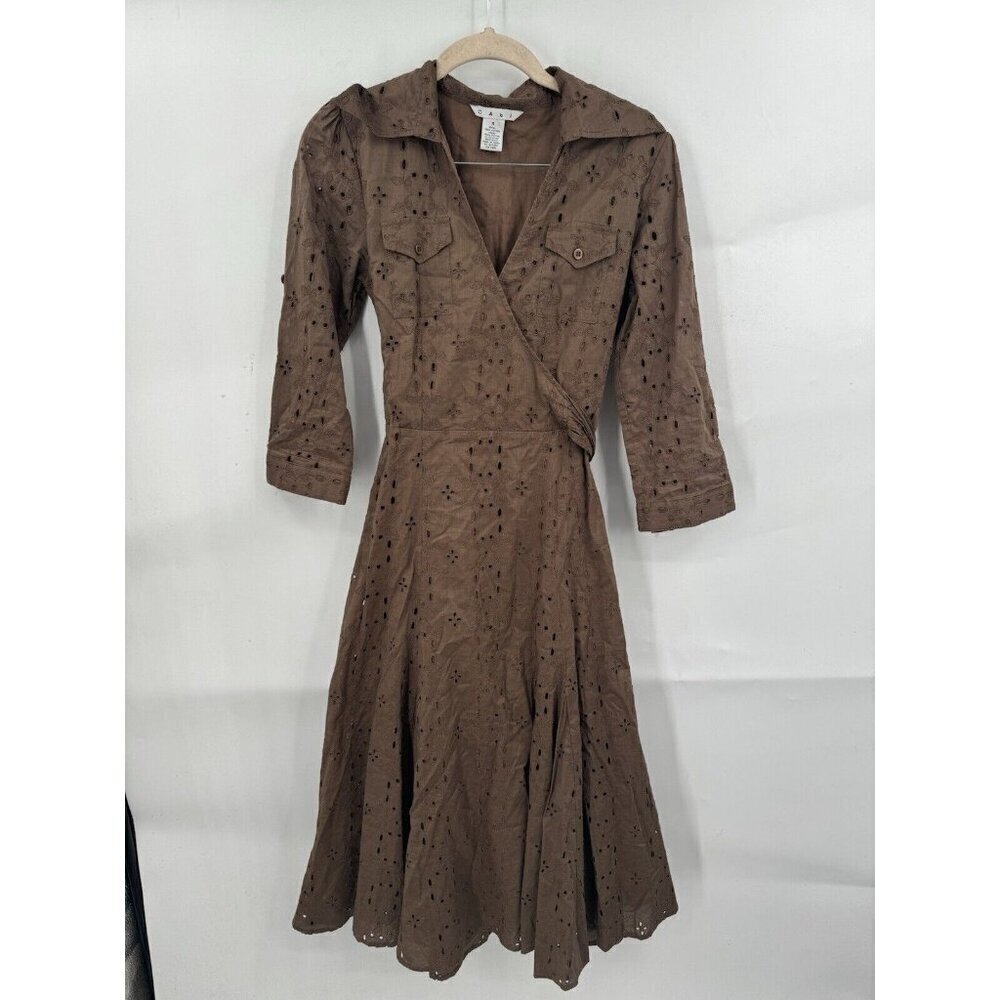 Cabi Wrap Midi Dress Women 4 Brown Eyelet Lace Witchy Fairy Goblin Half‎ Sleeve